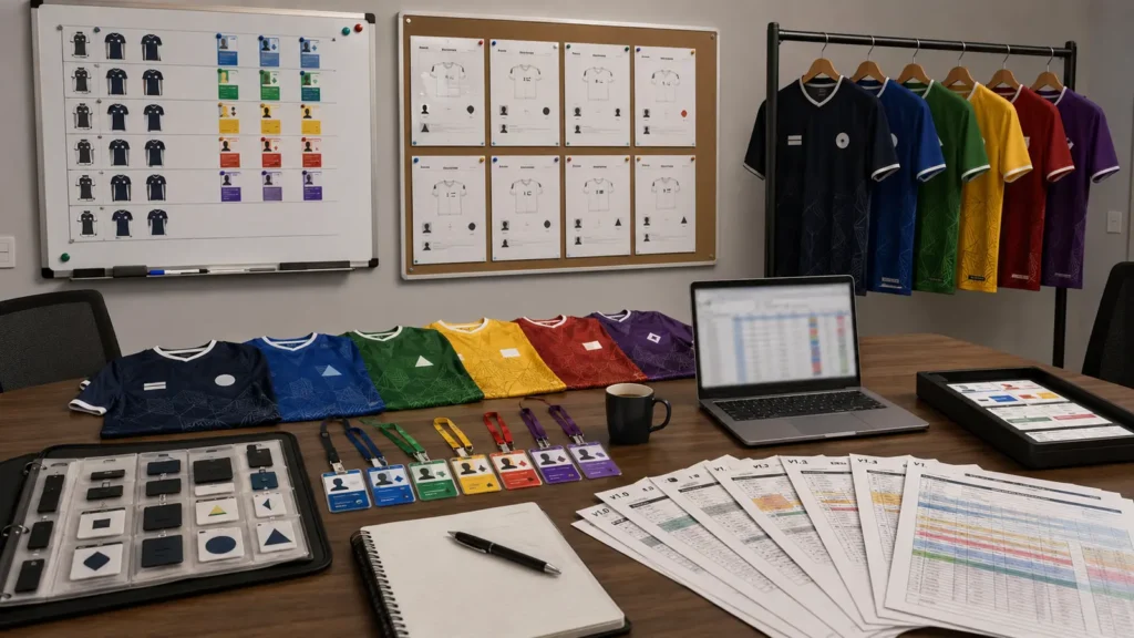 A single approved matrix prevents production staff from guessing which sponsor belongs to each player.