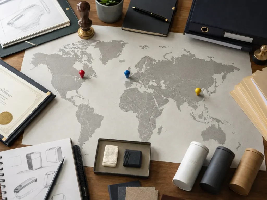 A territorial IP planning desk connects home, sales and manufacturing markets