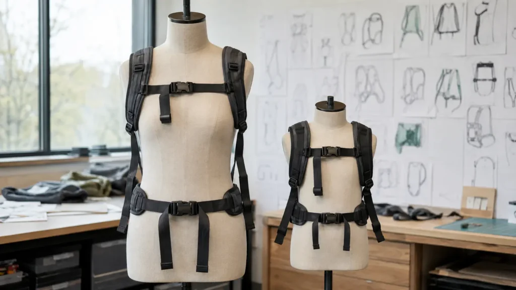 A scaled youth harness changes more than overall length: anchor spacing, curve position, padded length, and adjustment range may all need revision.