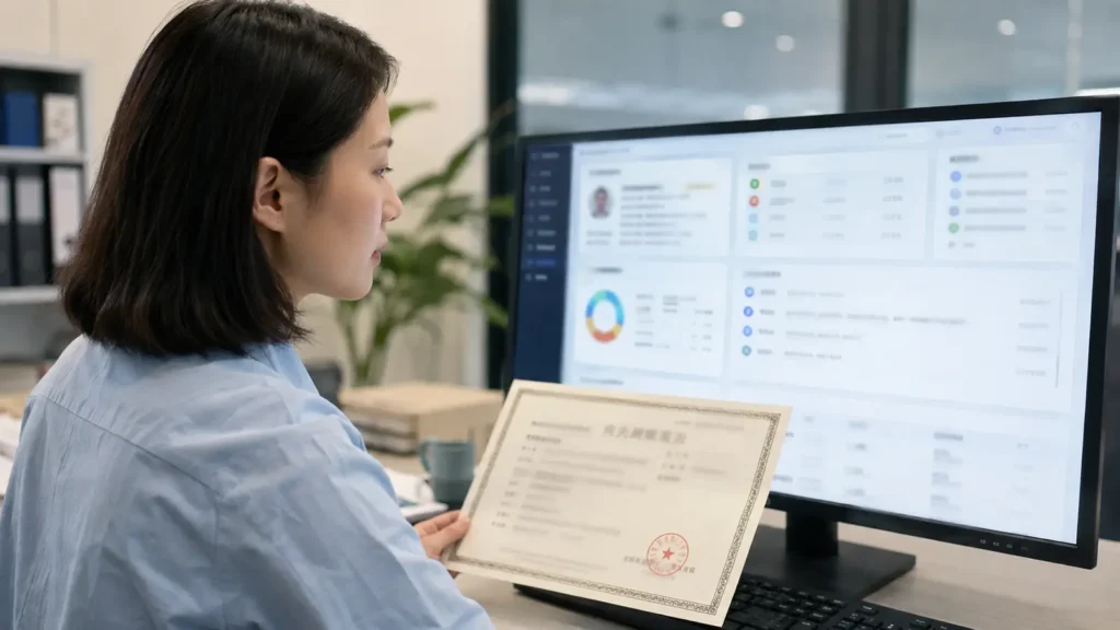A procurement specialist compares a license with an enterprise credit database search
