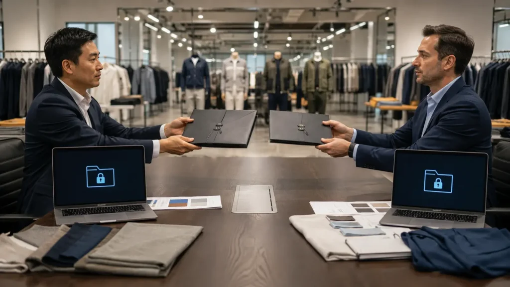 Two apparel businesses exchange controlled folders to represent mutual confidentiality