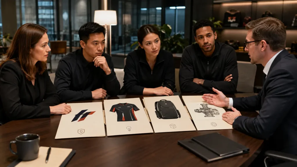 A brand team compares protection for a logo, jersey graphic, backpack appearance and technical mechanism