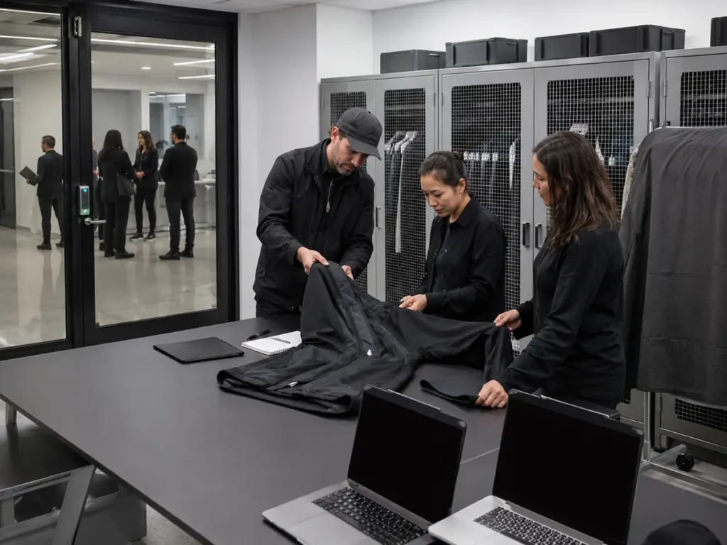 A limited authorized team reviews an unreleased garment inside a secure sample room