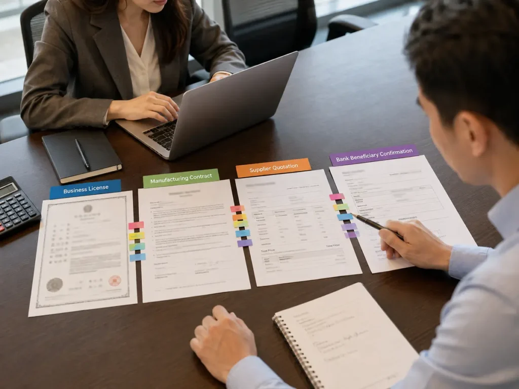 A buyer compares the business license, contract, quotation and bank beneficiary