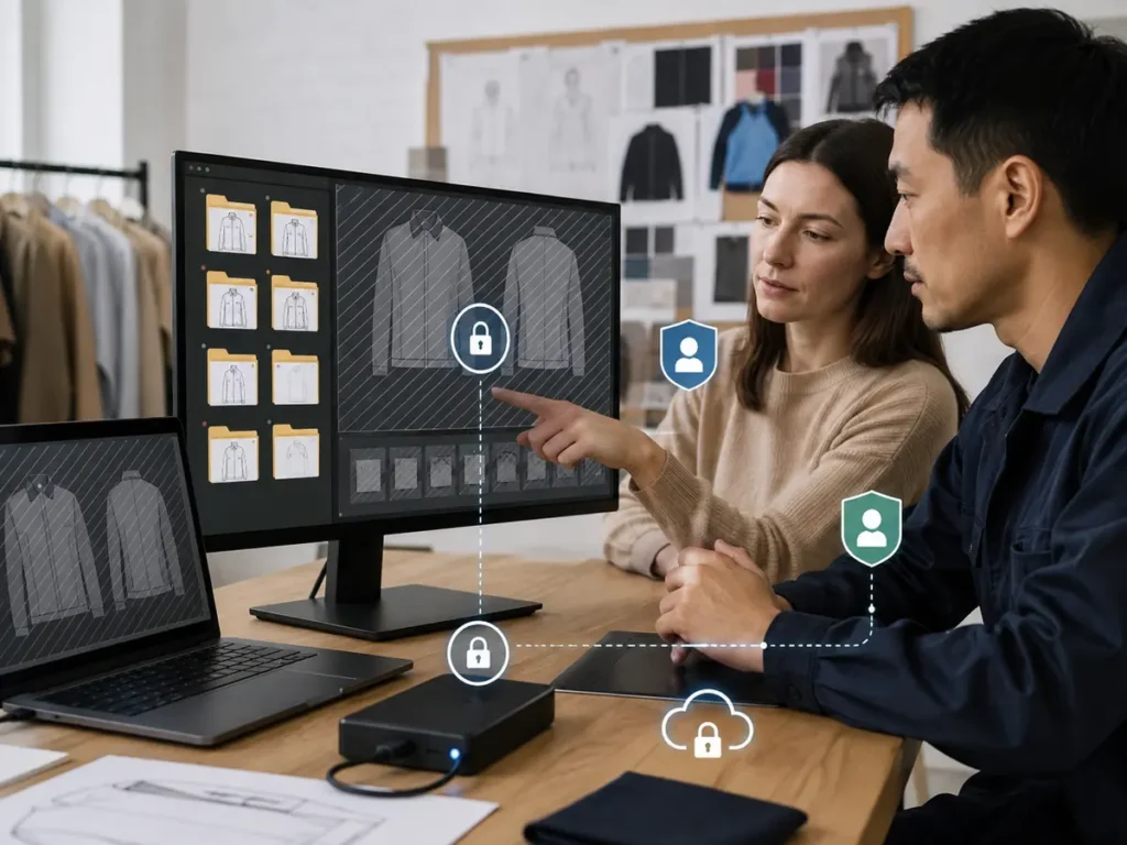A product developer authorizes controlled access to versioned apparel design files