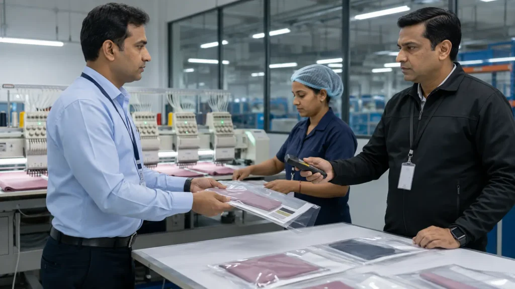 A primary apparel manufacturer controls the limited information sent to an embroidery partner