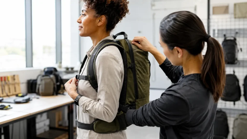 Evaluate the harness as one system: strap curve, back-panel contact, bag height, sternum-strap position, and load movement.