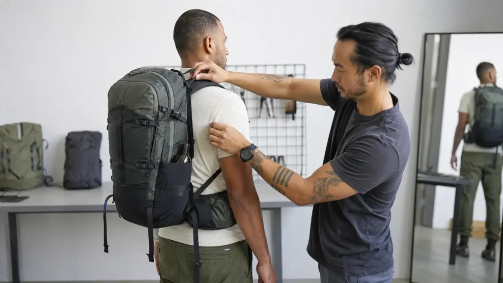 Evaluate strap position, back-panel contact, bag height, movement, adjustability, and pressure under a representative load.