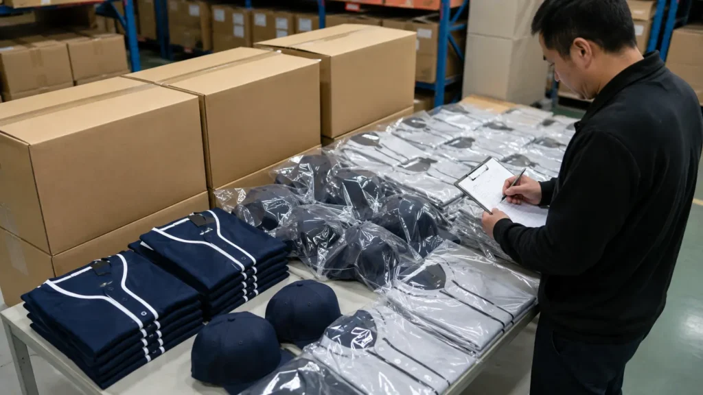 Packaging inspection should reconcile individual items, size or player groups, cartons, marks, and the final packing list.