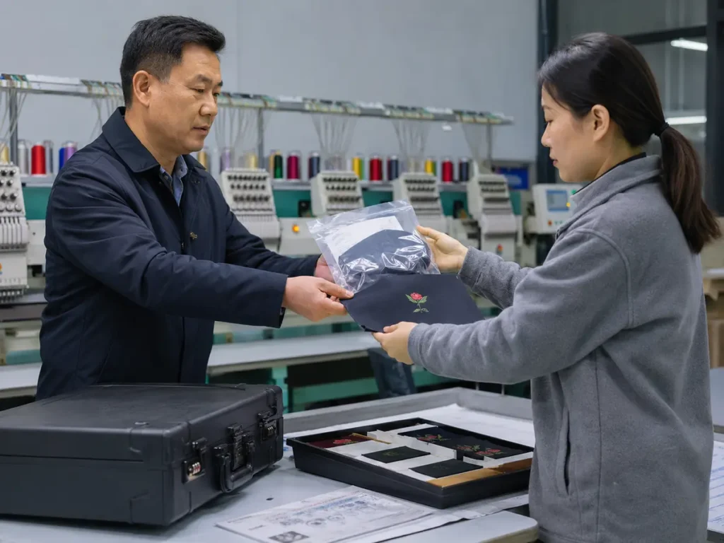 A primary factory limits the design information given to an embroidery subcontractor
