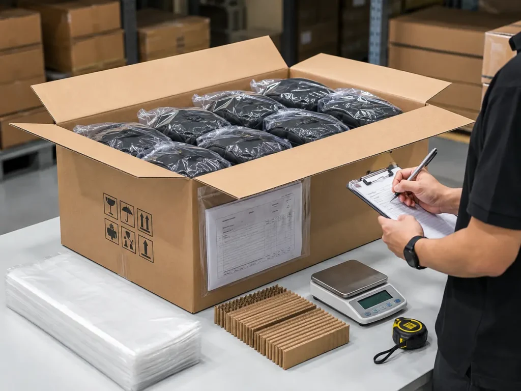 Approve the complete carton pack-out and reconcile its dimensions, weight, quantity and marks before shipment.