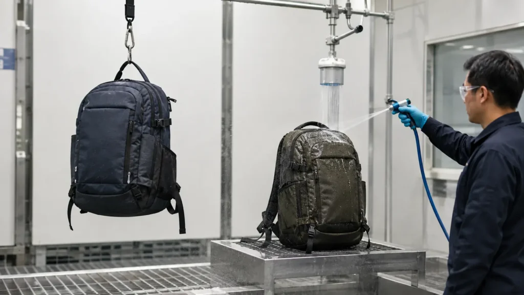 Record the test setup, exposure, bag orientation, contents, water entry locations, drying condition, and exact claim being evaluated.