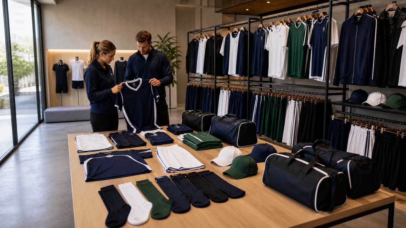 Uniform dealer showroom displaying coordinated teamwear and accessories for schools, clubs, leagues, and business customers