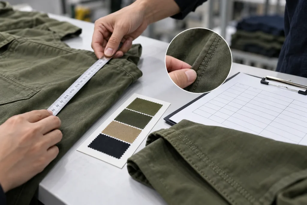 Apparel measurement, stitching and material inspection against a specification