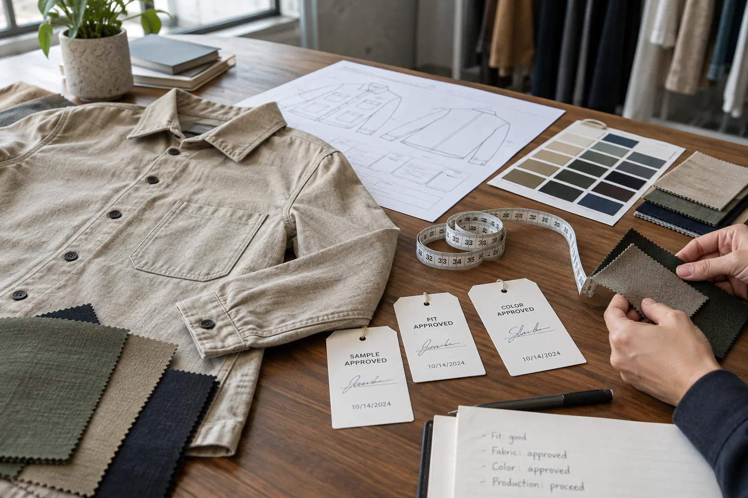 Apparel sample approval checklist with garment, tech pack and fabric swatches