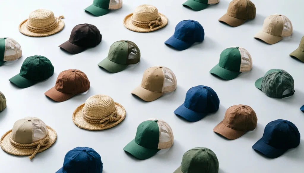 Assorted custom caps and straw hats displayed in multiple colors and styles