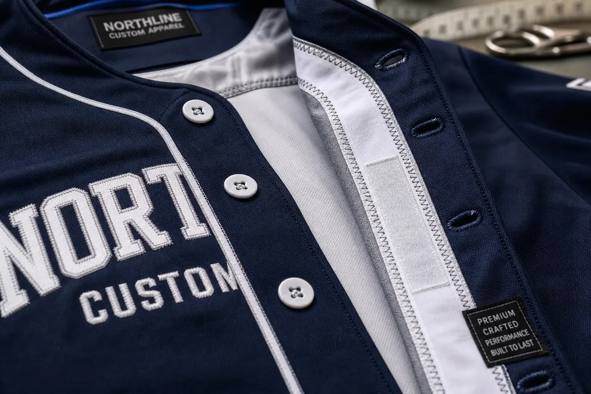 Custom Baseball Jersey Button Placket Craftsmanship and Cross-Stitching