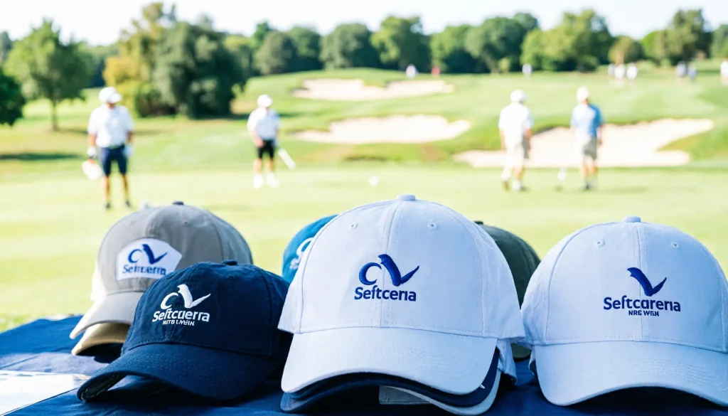 Branded white and navy golf caps displayed on a golf course