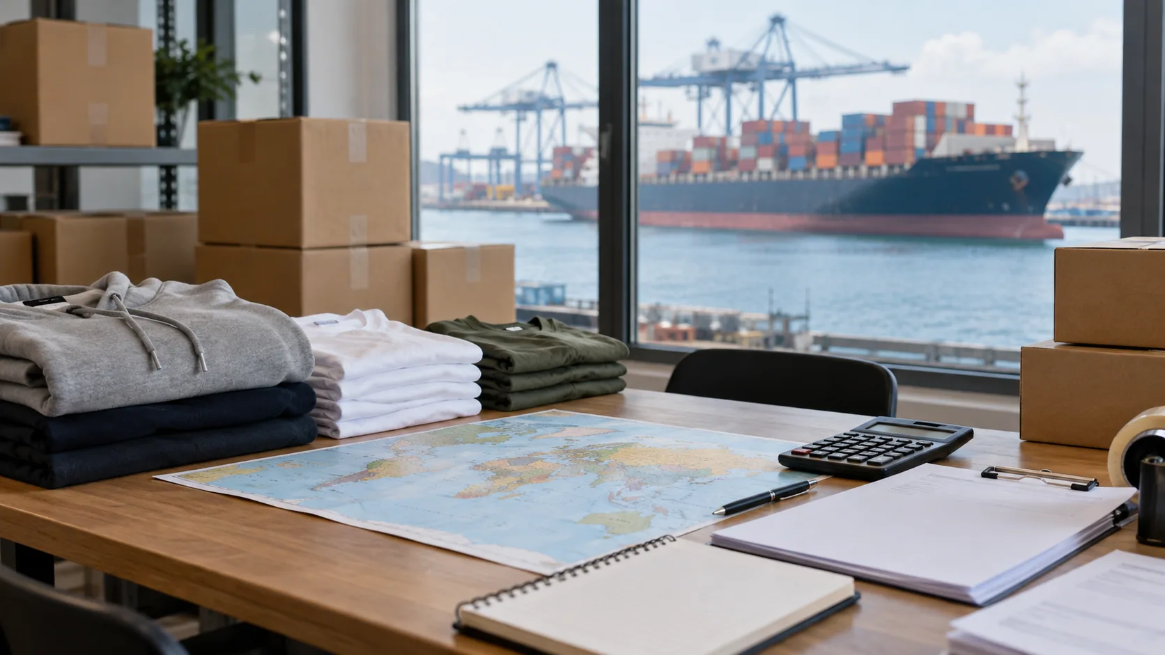 China custom apparel shipping planning with garments, cartons, map and cargo ship