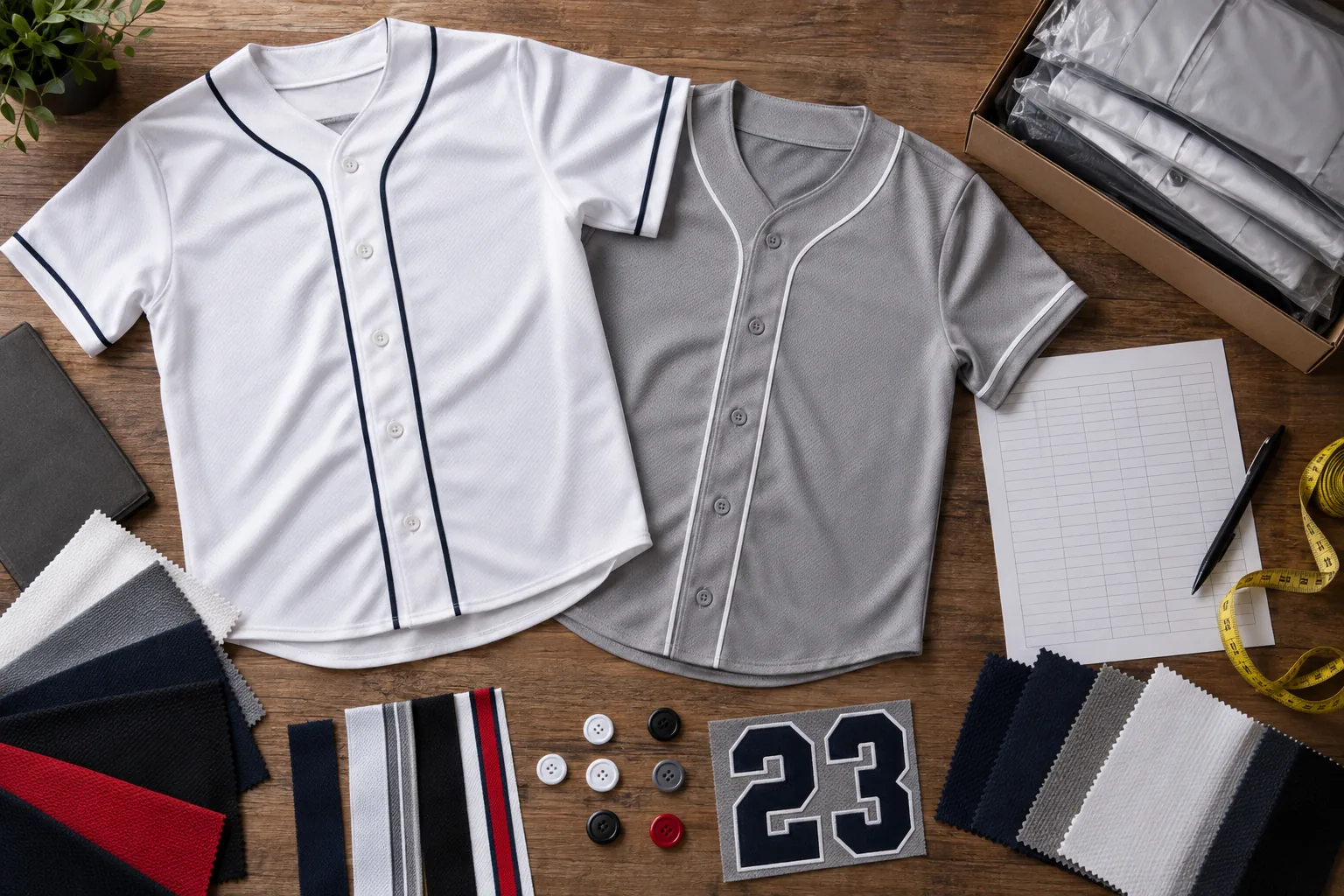 Custom baseball jersey cost inputs including garments, fabrics, trims and roster sheet