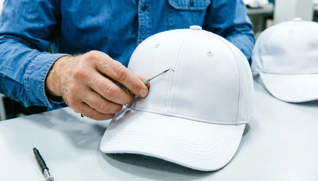 Worker inspecting the stitching on a white custom baseball cap