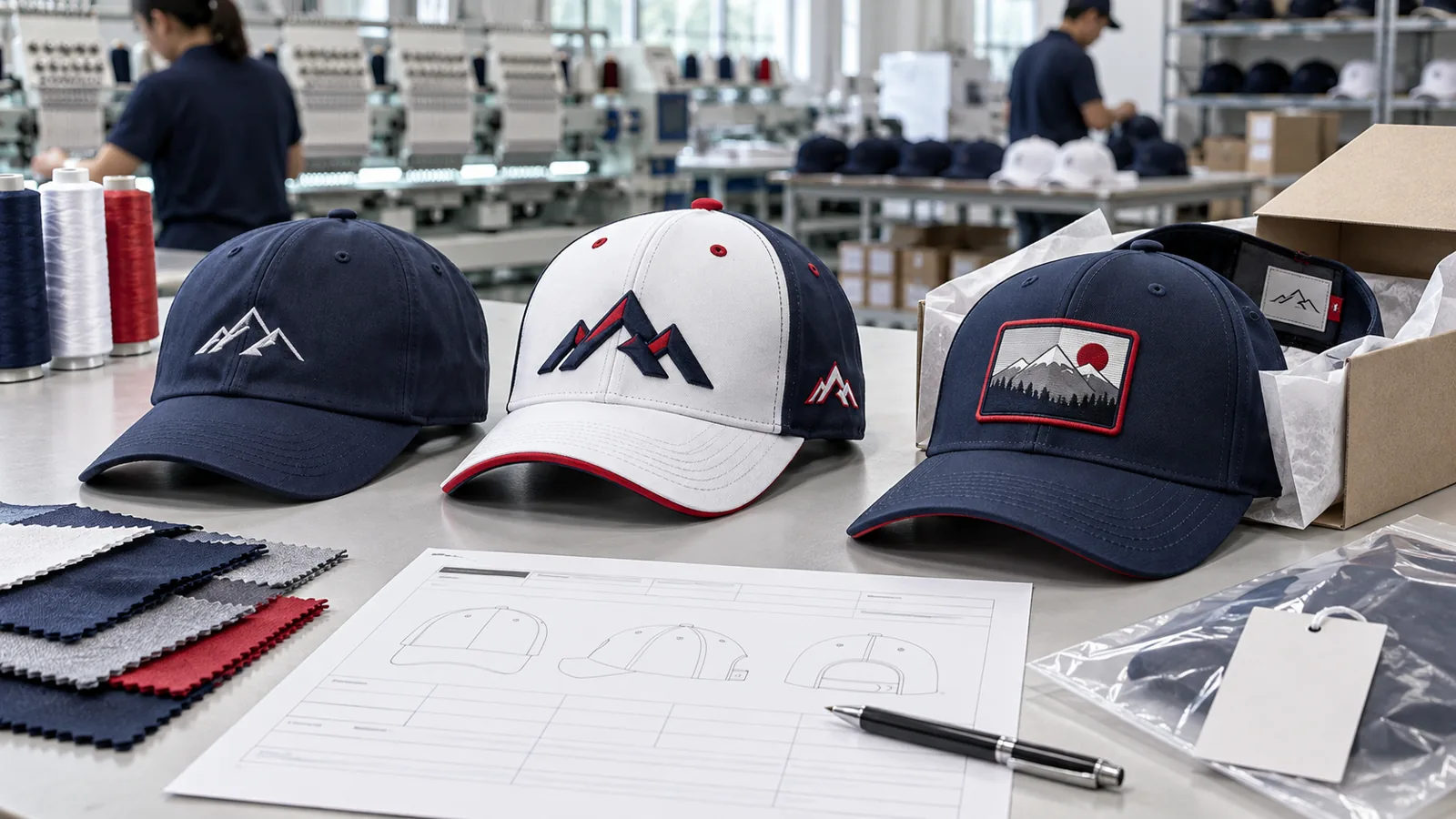 three custom cap specifications on a manufacturing worktable