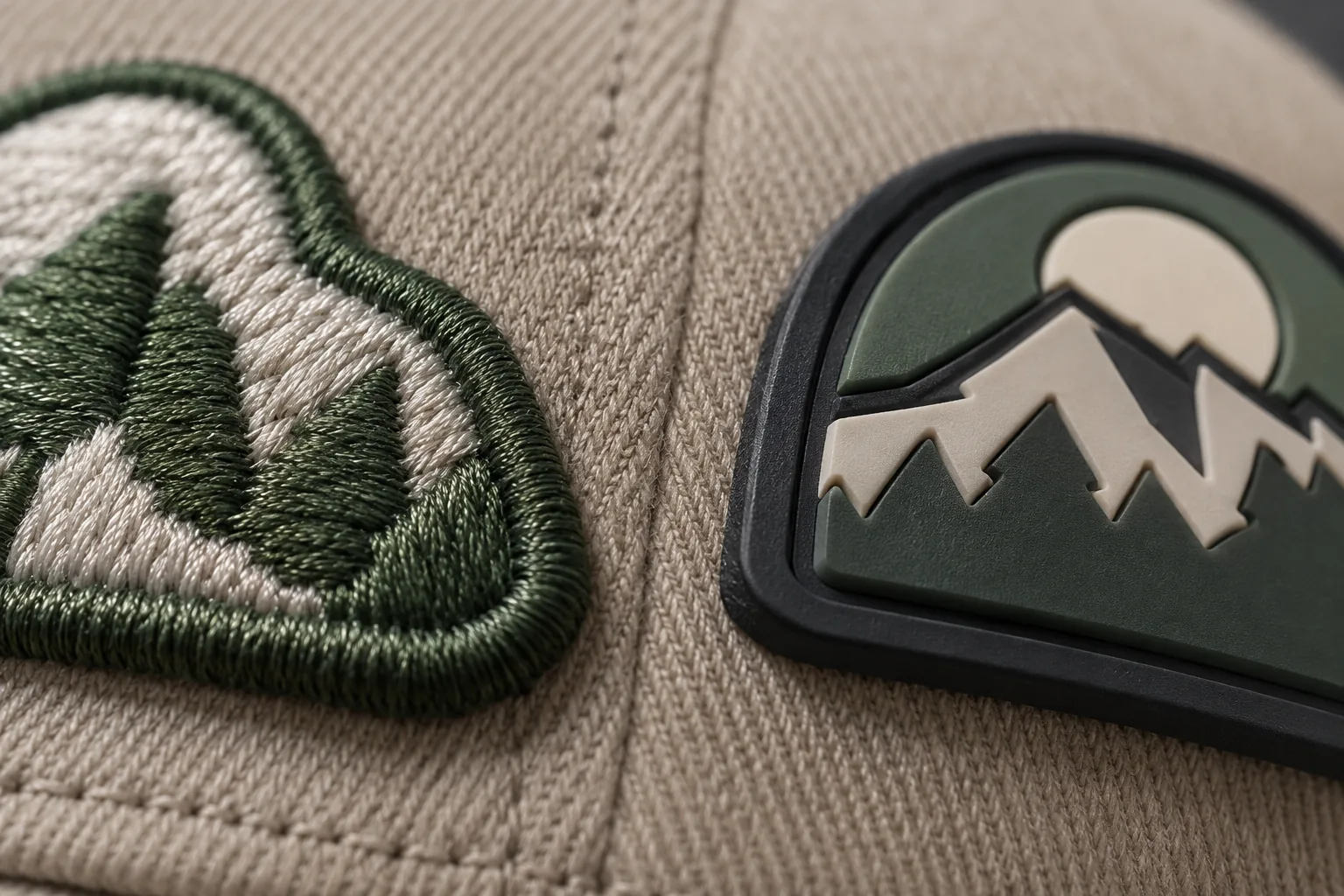 Close-up comparison of raised embroidery and a dimensional PVC patch on cap fabric