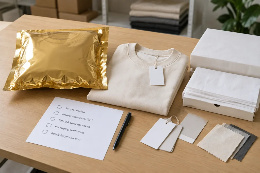 Sealed golden apparel sample with approval checklist and packaging