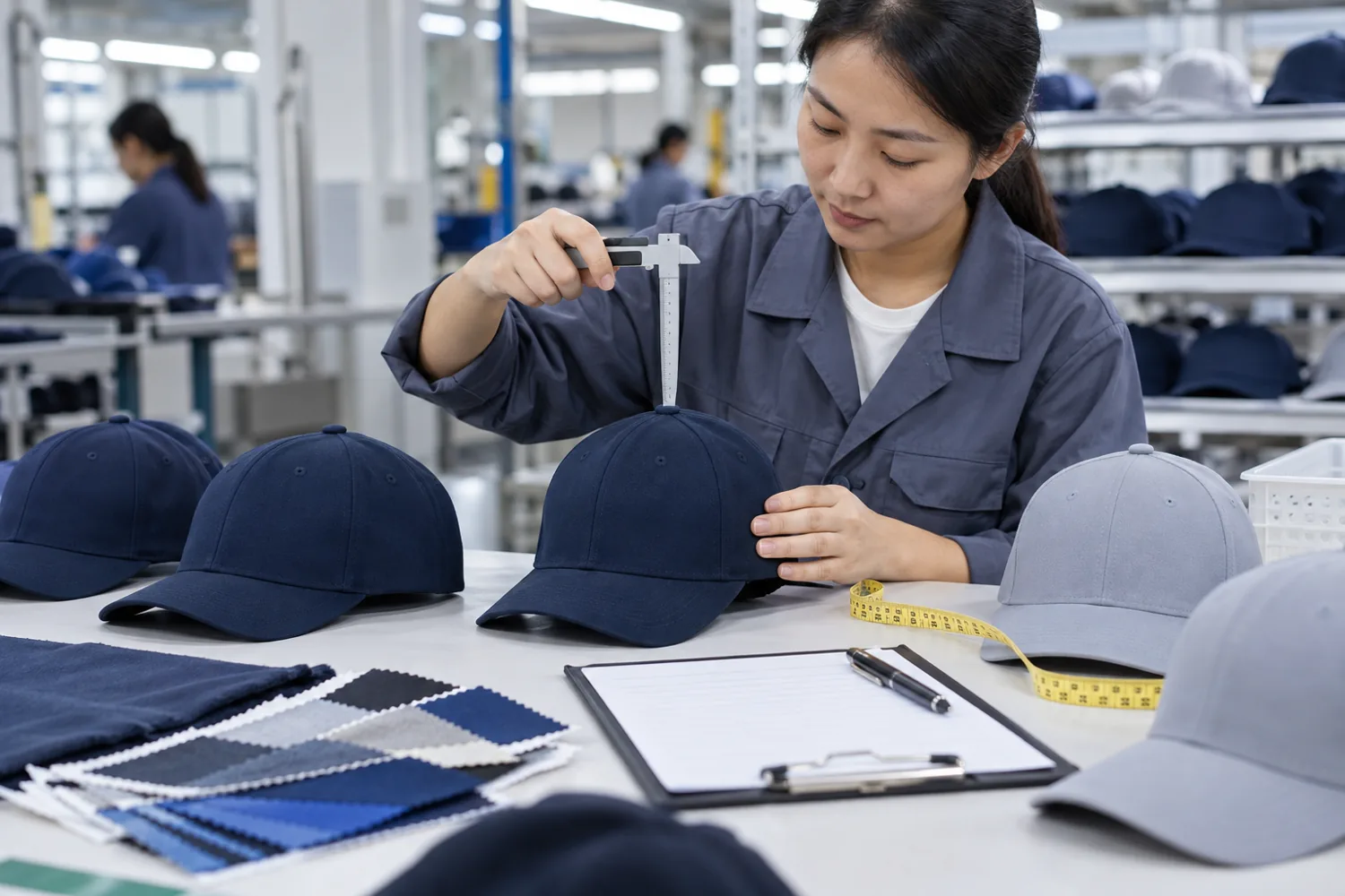 Editorial illustration of measurable custom cap quality inspection using calipers, tape and color swatches