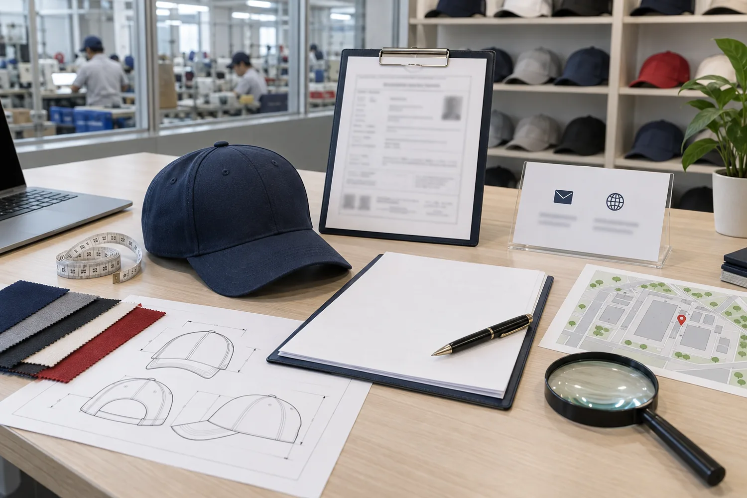 Editorial illustration of cap supplier due diligence with blank registration, contract and facility-location documents