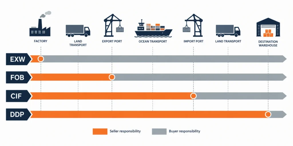 EXW FOB CIF and DDP apparel shipping responsibility comparison