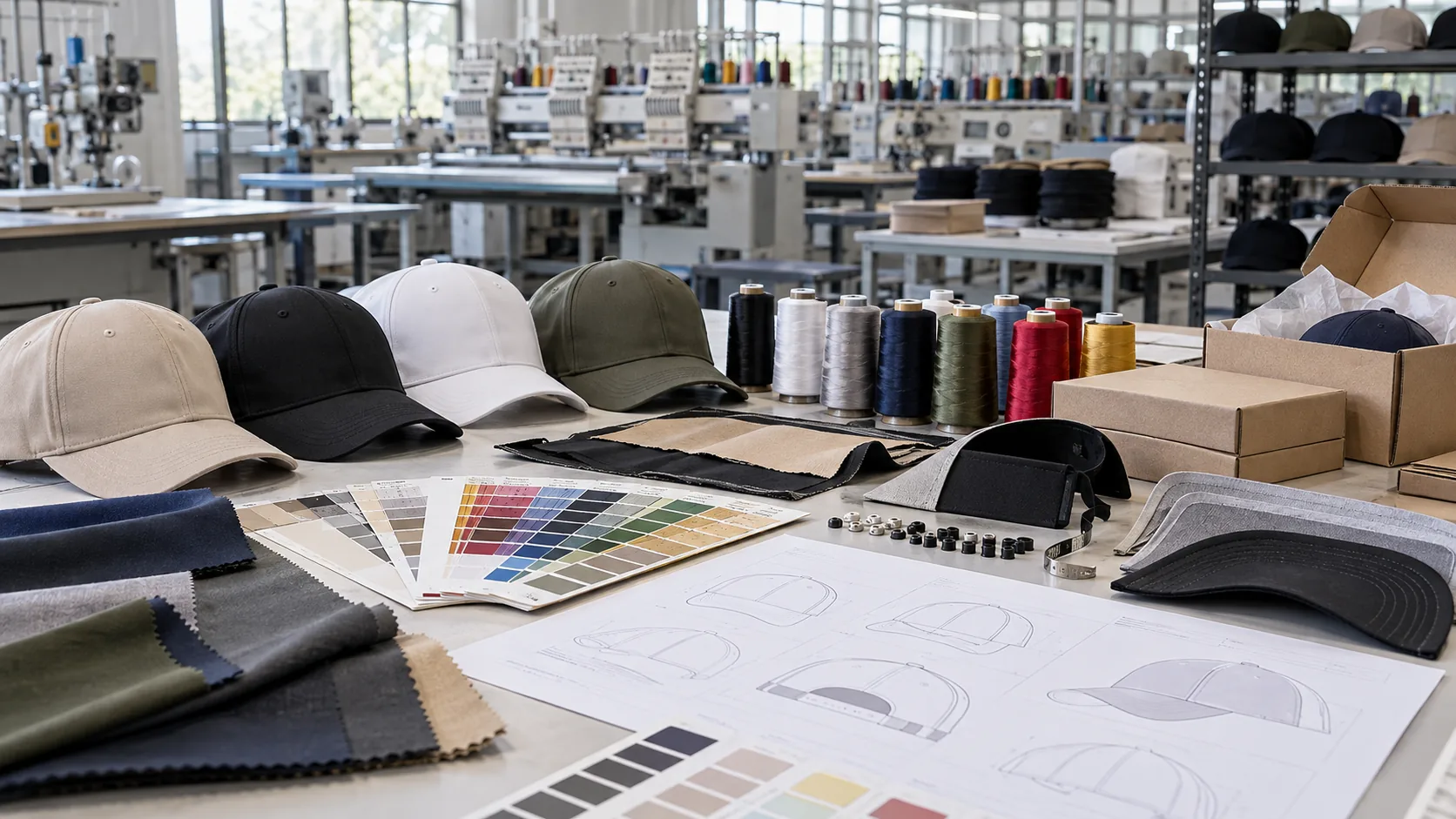 Private label hat manufacturing process with cap samples, fabric swatches and production materials