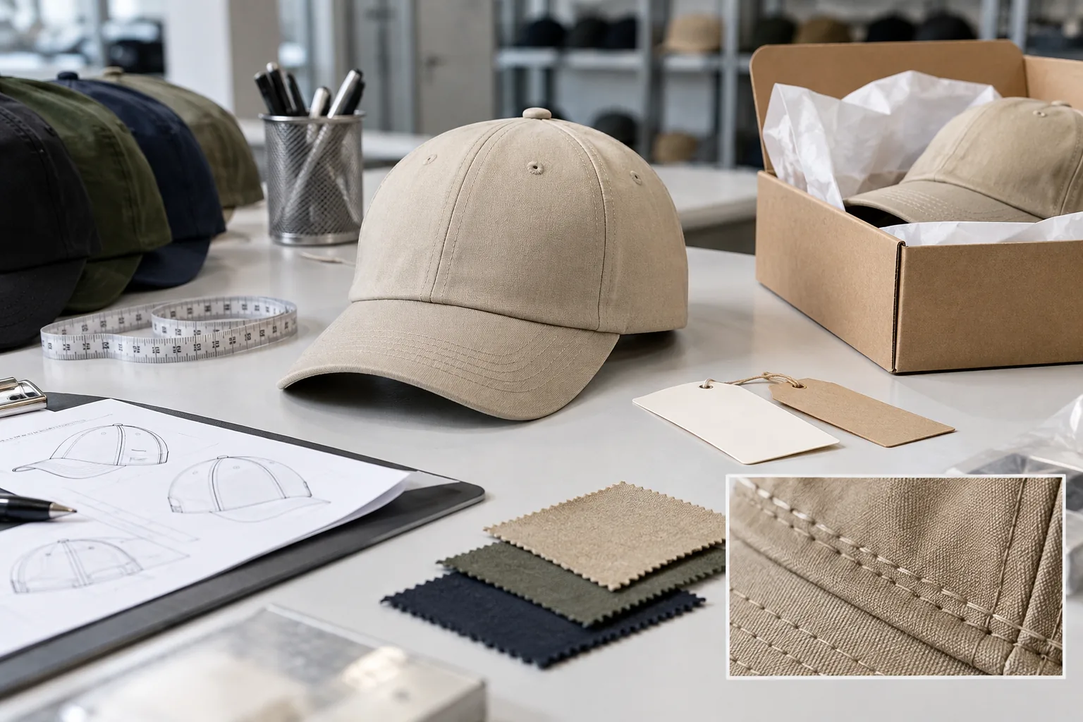 Private label hat sample approval with measurements, fabric swatches and packaging review