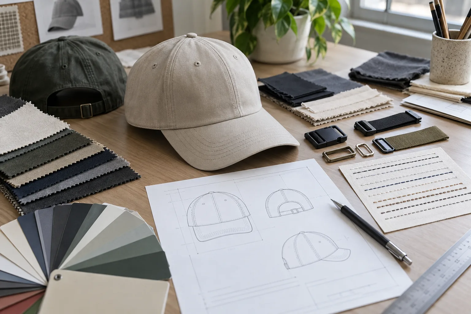Private label cap tech pack with fabric swatches, closures and stitching references