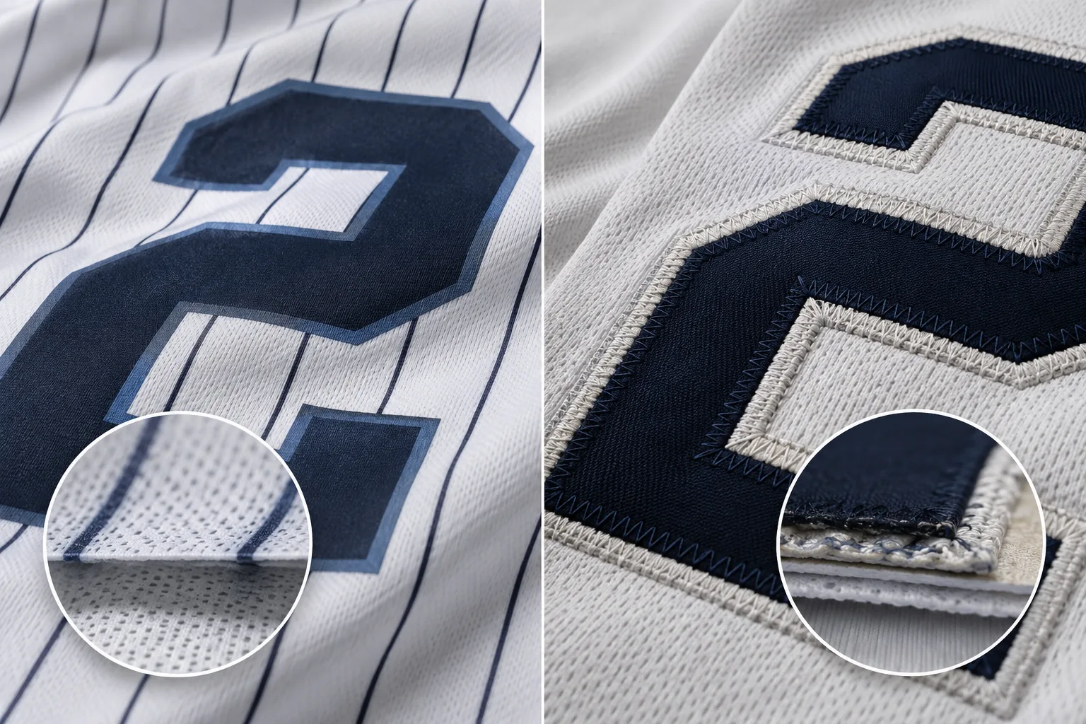 Close-up comparison of sublimated print and layered tackle twill on baseball jerseys