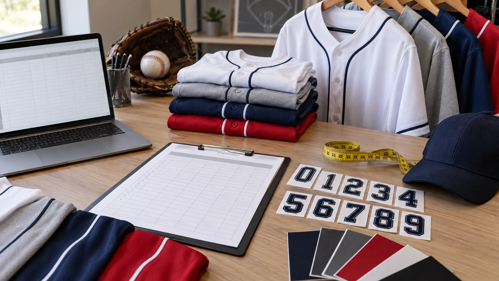Team roster preparation for custom uniform production with jerseys, size tools and number samples
