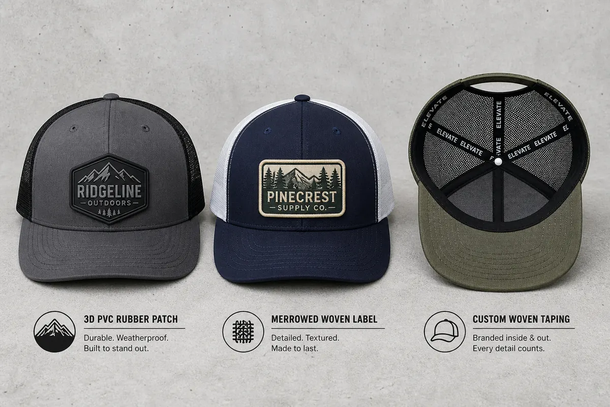 Custom Trucker Hat Patch Decoration and Inside Seam Tape Construction