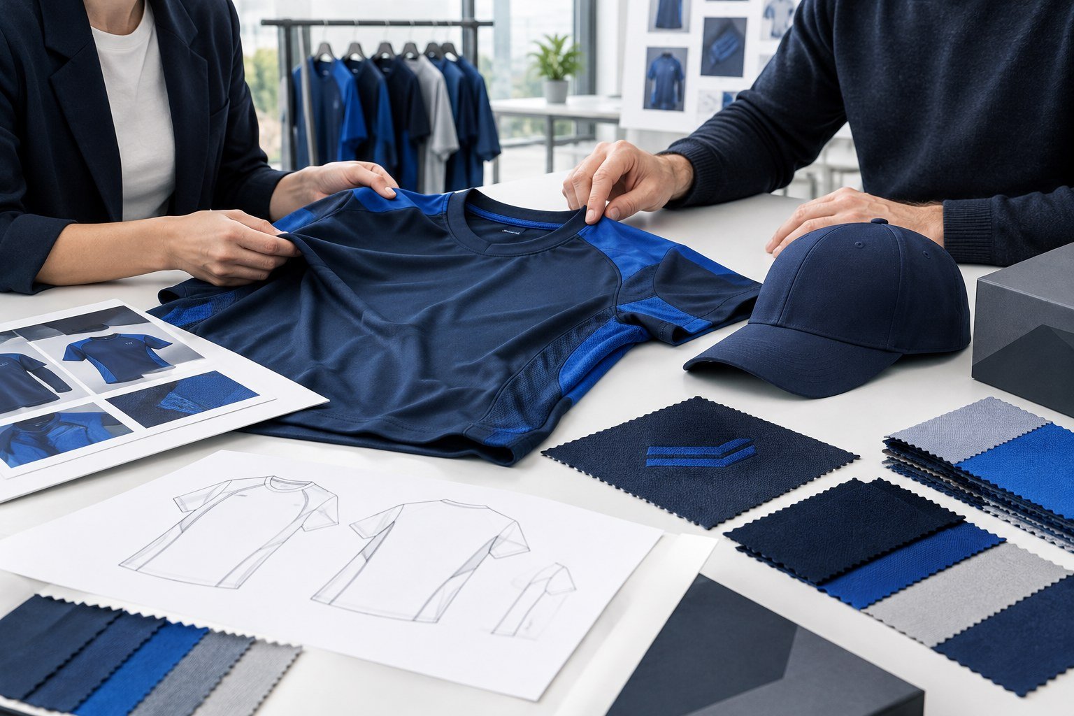 Apparel specialists reviewing a jersey sample, cap construction and color swatches